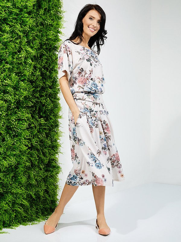 Lega Linen Blend Skirt Eustoma White Flower Print