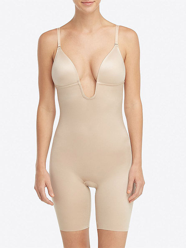 Spanx gilios iškirptės koreguojantis kostiumas su šortukais "Suit Your Fancy Plunge Nude"