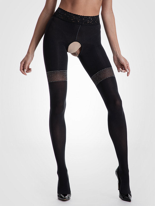 Amour pėdkelnės atviru tarpkoju "Glamour 80 Den Black - Silver Lurex"