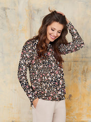 Lega veliūrinė palaidinė ilgomis rankovėmis "Shirley Black - Cream - Rose Flower Print Velour"