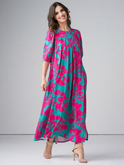 Lega ilga viskozinė suknelė "Giada Green - Fuchsia Flower Print"