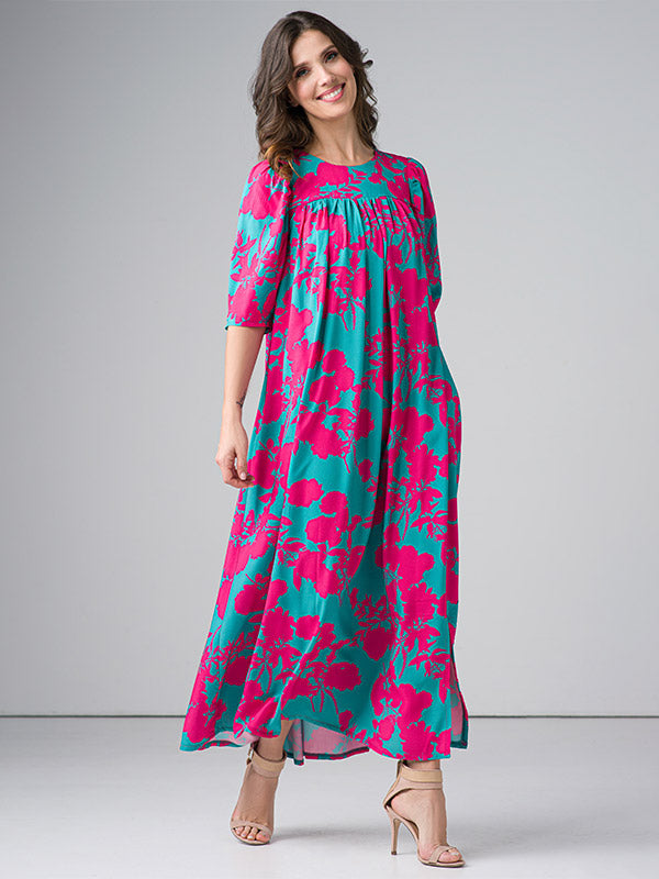 Lega ilga viskozinė suknelė "Giada Green - Fuchsia Flower Print"