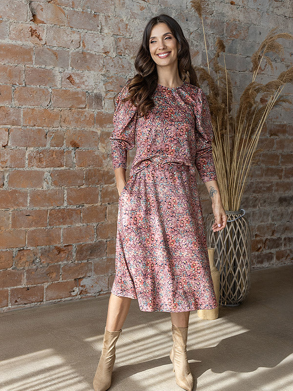 Lega veliūrinis midi sijonas "Sanura Rose Flower Print Velour"