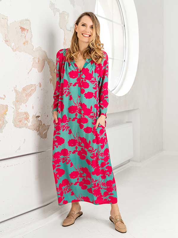 Lega ilga viskozinė suknelė "Panchita Green - Fuchsia Flower Print"