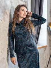 Lega veliūrinė susagstoma palaidinė "Viki Navy - Turquoise Flower Print Velour"