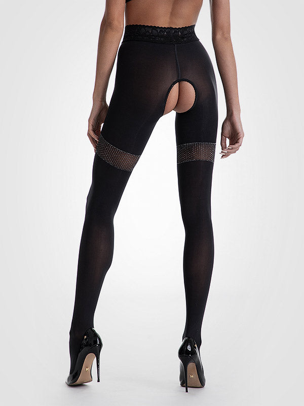 Amour pėdkelnės atviru tarpkoju "Glamour 80 Den Black - Silver Lurex"