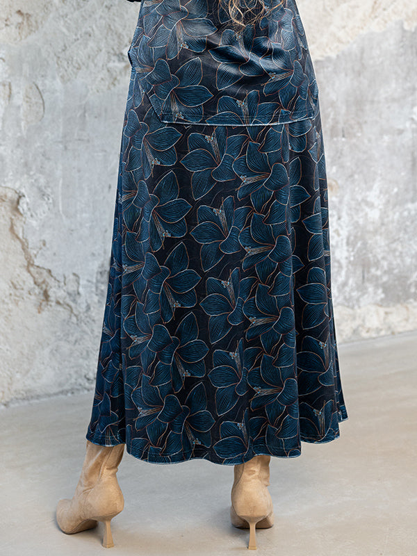 Lega ilgas veliūrinis sijonas "Viki Navy - Turquoise Flower Print Velour"
