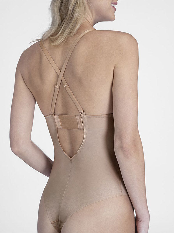 Spanx gilios iškirptės koreguojantis bodis su kelnaitėmis stringais "Suit Your Fancy Plunge Nude"