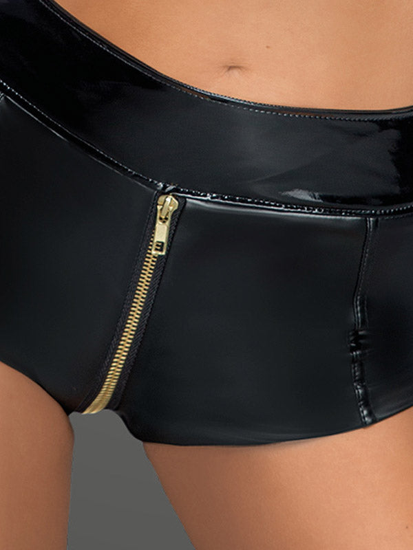 Noir Handmade šlapio efekto šortai su užtrauktuku ir sagtimi "Brooke Black"