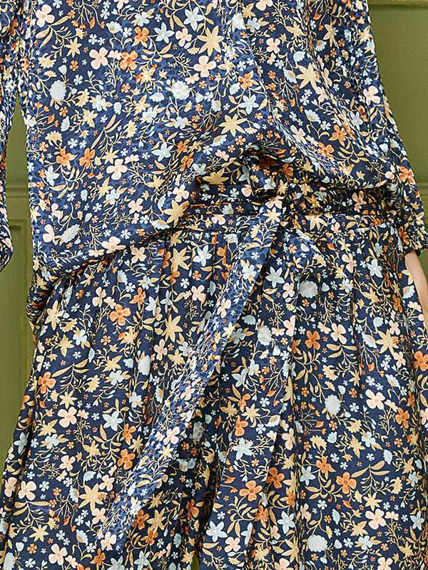Lega plačios atlasinės kelnės "Zoyla Navy - Multicolor Flower Print"