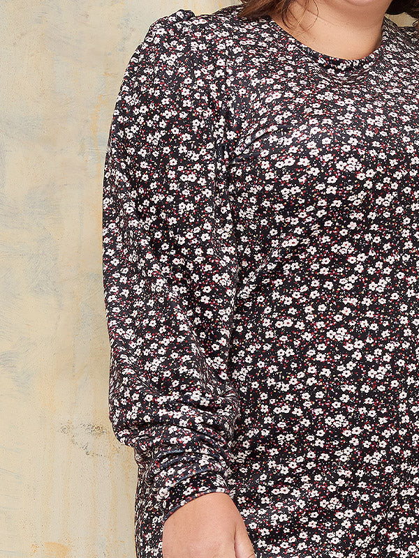 Lega veliūrinė tiesaus kirpimo suknelė "Neda Black - Beige - Red Flower Print Velour"