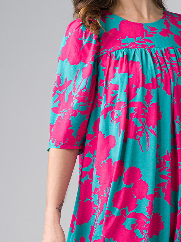 Lega ilga viskozinė suknelė "Giada Green - Fuchsia Flower Print"