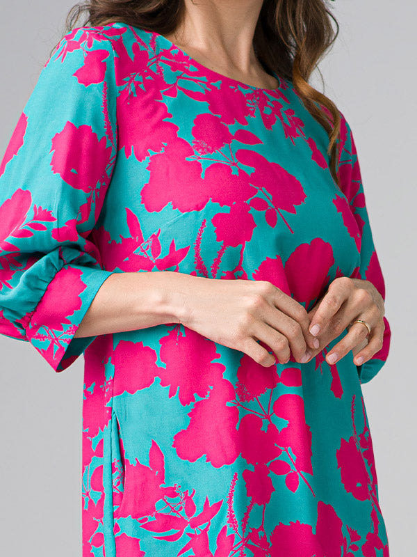 Lega viskozinė suknelė "Agostina Green - Fuchsia Flower Print"