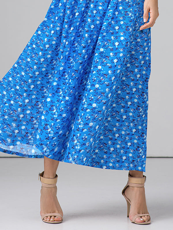 Lega maxi lininė suknelė "Rayana Sky Blue - White - Navy Flower Print"