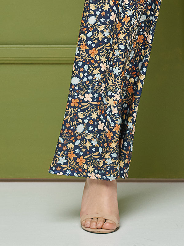 Lega plačios atlasinės kelnės "Zoyla Navy - Multicolor Flower Print"