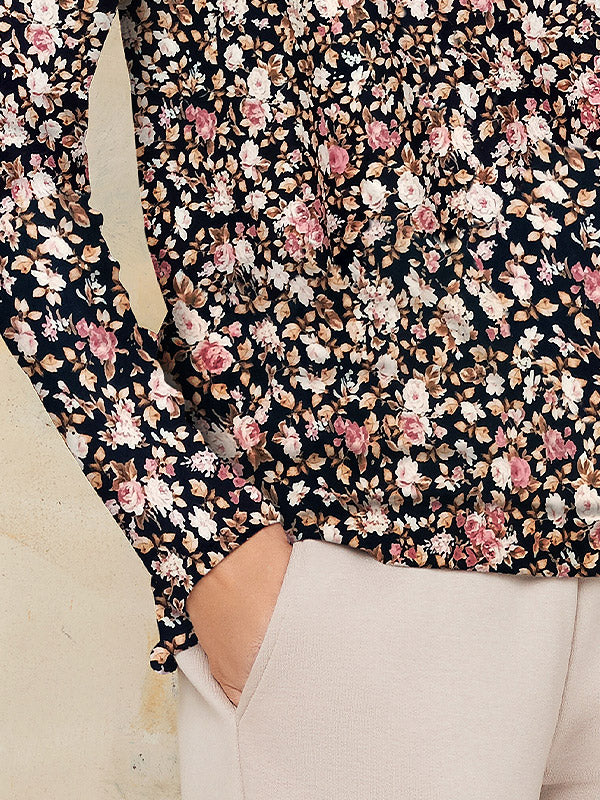 Lega veliūrinė palaidinė ilgomis rankovėmis "Shirley Black - Cream - Rose Flower Print Velour"