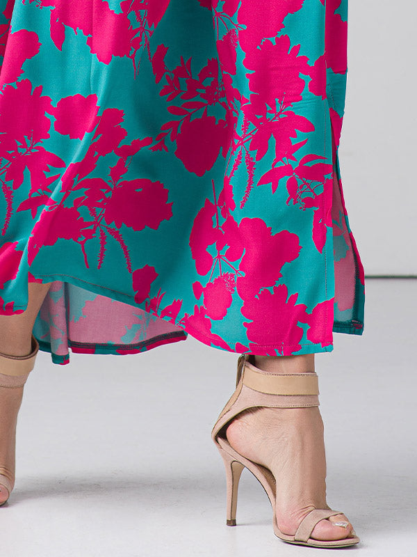 Lega ilga viskozinė suknelė "Giada Green - Fuchsia Flower Print"