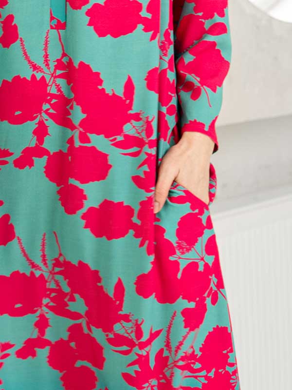 Lega ilga viskozinė suknelė "Panchita Green - Fuchsia Flower Print"