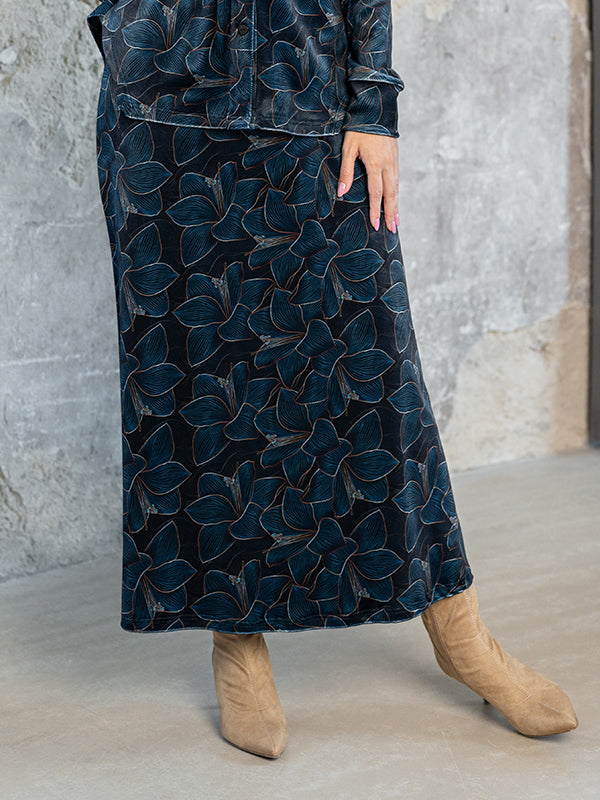Lega ilgas veliūrinis sijonas "Viki Navy - Turquoise Flower Print Velour"