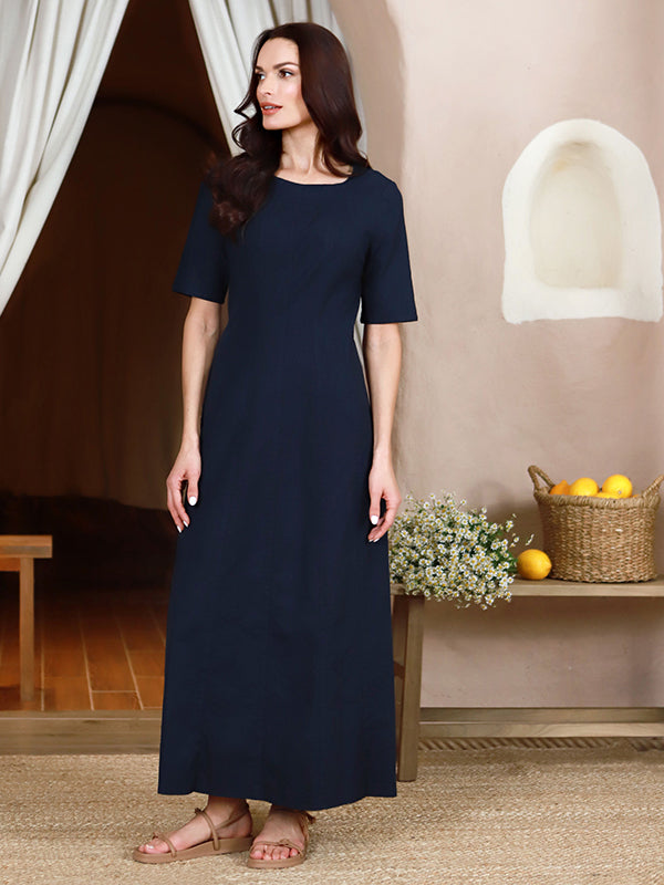 Lega tampraus lino maxi A silueto suknelė "Inessa Navy"