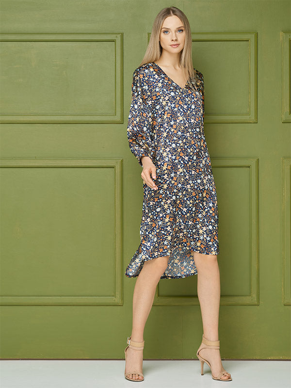 Lega laisvo silueto atlasinė suknelė "Rossie Navy - Multicolor Flower Print"