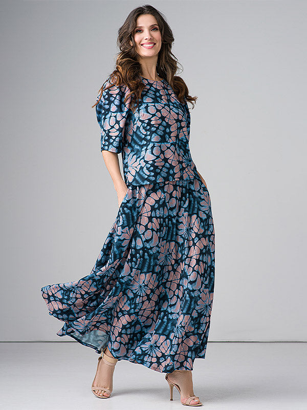 Lega viskozinė palaidinė "Romola Navy - Blue - Beige Ornament Print"