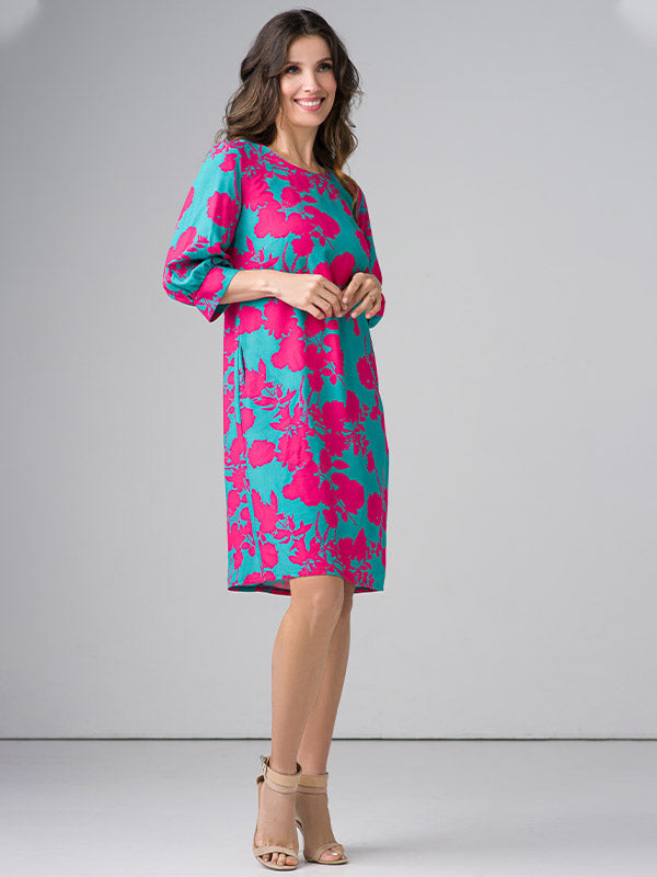Lega viskozinė suknelė "Agostina Green - Fuchsia Flower Print"