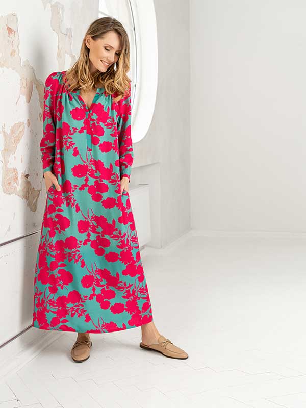 Lega ilga viskozinė suknelė "Panchita Green - Fuchsia Flower Print"