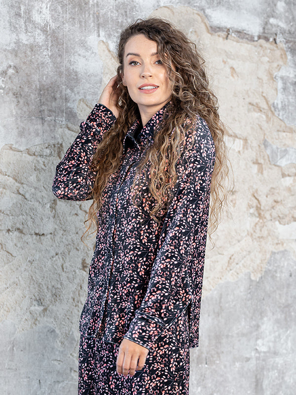 Lega veliūrinė susagstoma palaidinė "Viki Black - Rose Flower Print Velour"