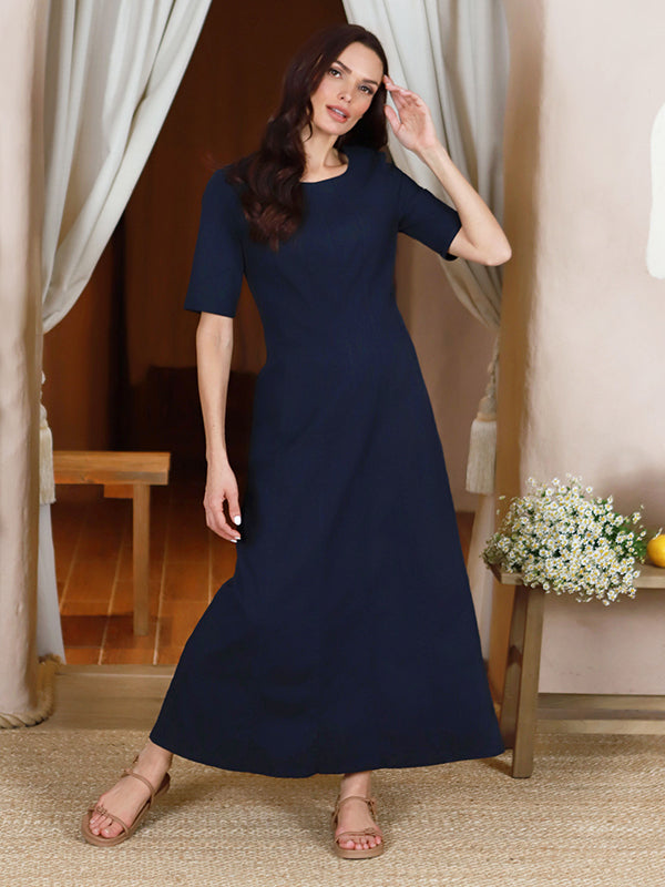 Lega tampraus lino maxi A silueto suknelė "Inessa Navy"