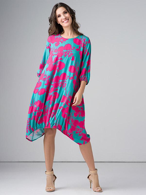 Lega laisvo kirpimo asimetrinė suknelė "Silvia Green - Fuchsia Flower Print"