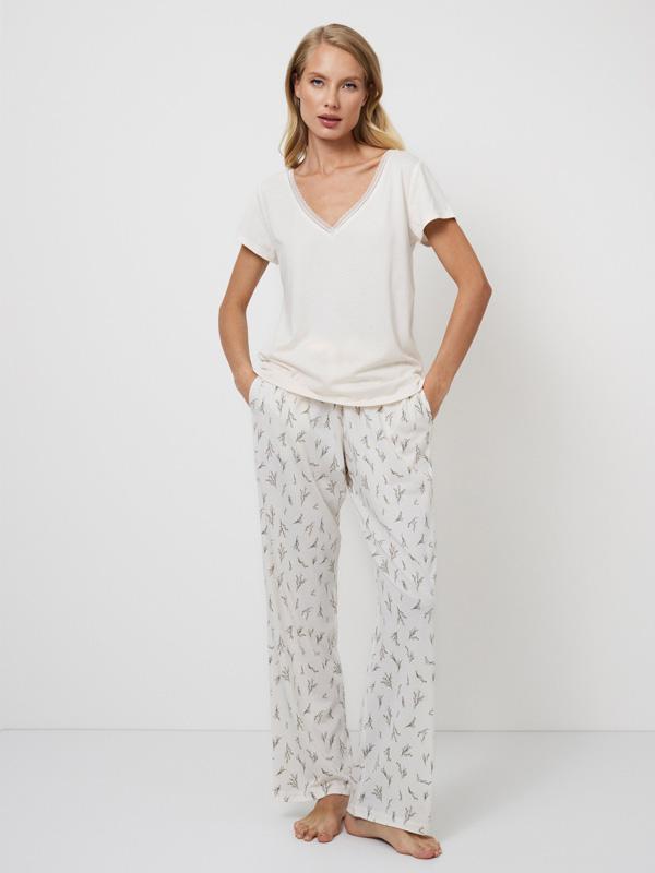 Aruelle длинная пижама из хлопка и модала "Dulce Long Cream - Green Floral Print"