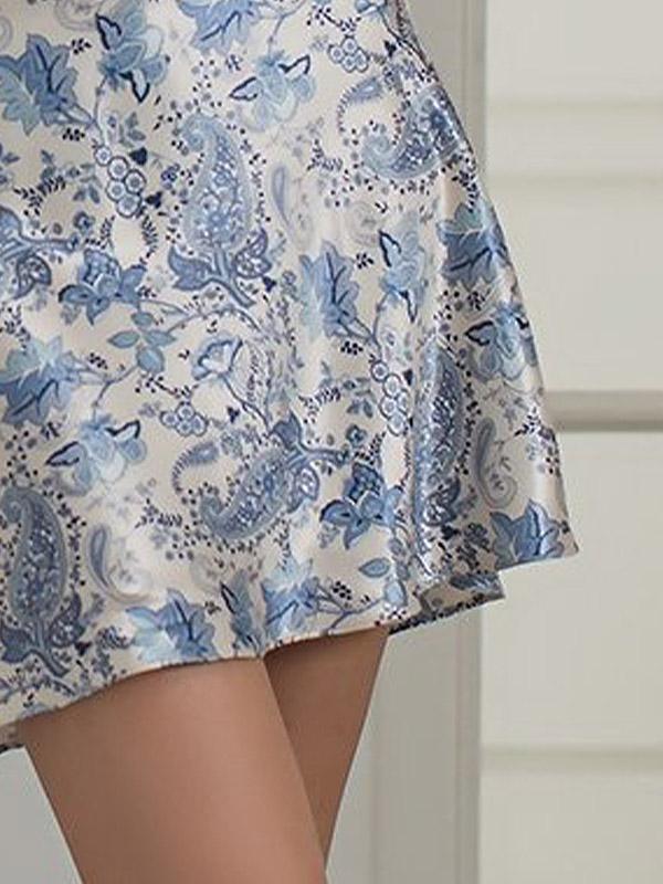MiaMia šilkiniai naktiniai su nėriniais "Dolce Vita Short Pearl - Blue Floral Print"