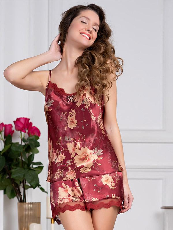 MiaMia šilkinė pižama "Burgundia Bordeaux Flower Print"