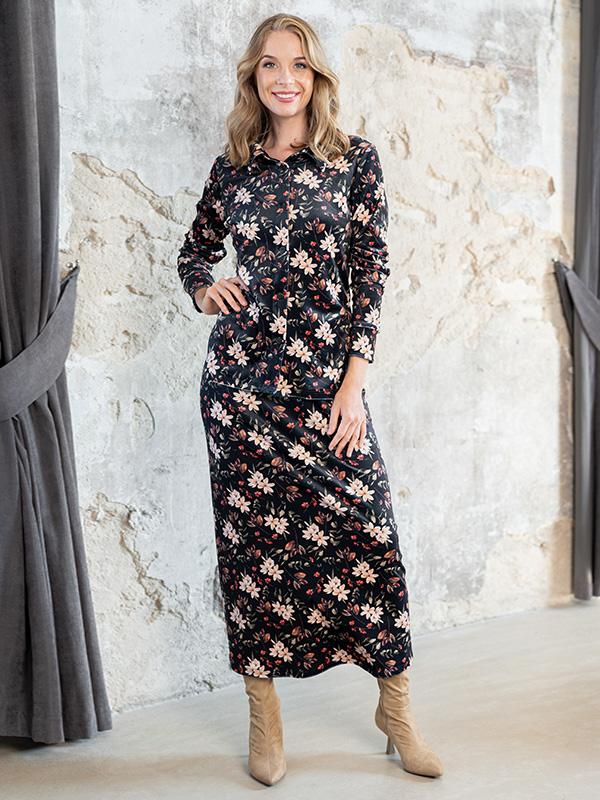 Lega Long Velour Skirt Viki Black - Multicolor Flower Print Velour