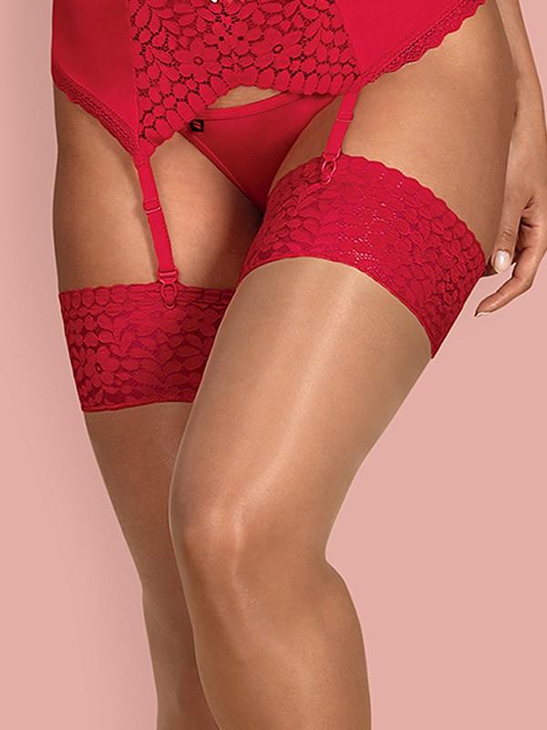 Obsessive kontrastinės blizgios prisegamos kojinės "Jolierose Red - Nude"