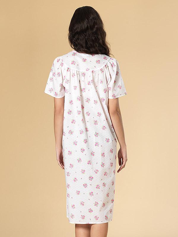 Linclalor netamprios medvilnės naktiniai marškiniai su sagutėmis "Andrea White - Rose Flower Print"