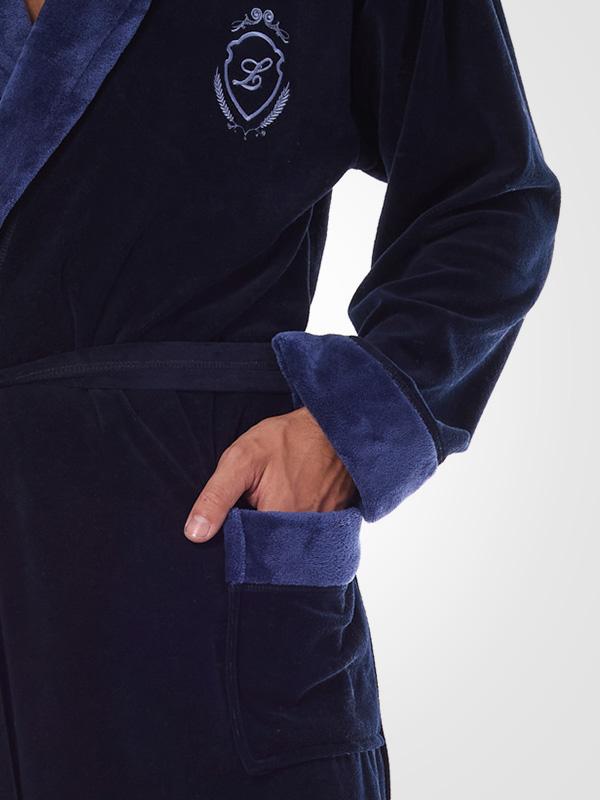 L&L Men's Cotton Dressing Gown Diego Dark Blue Velour