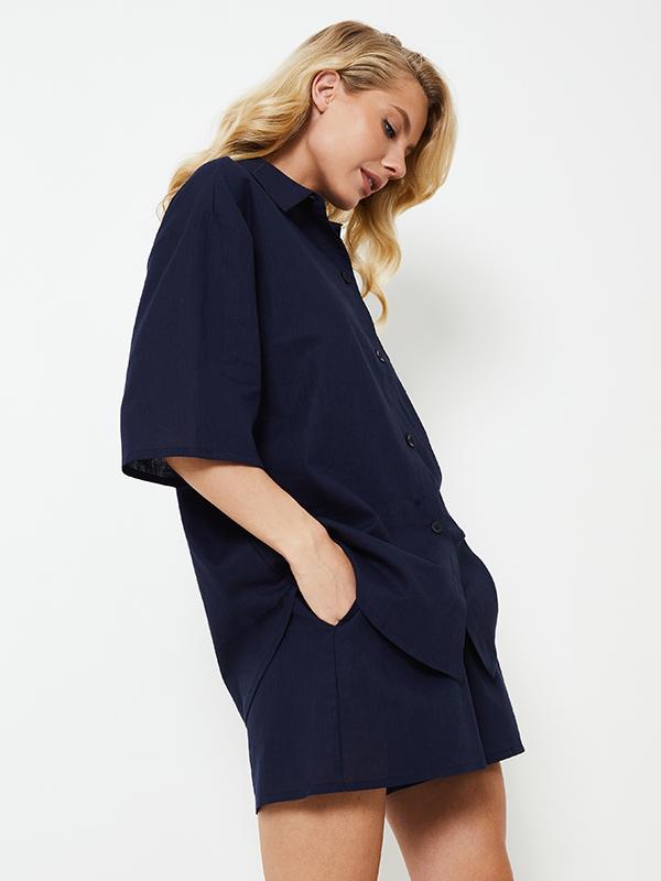 Aruelle короткая пижама из льна и хлопка "Nia Short Dark Blue"