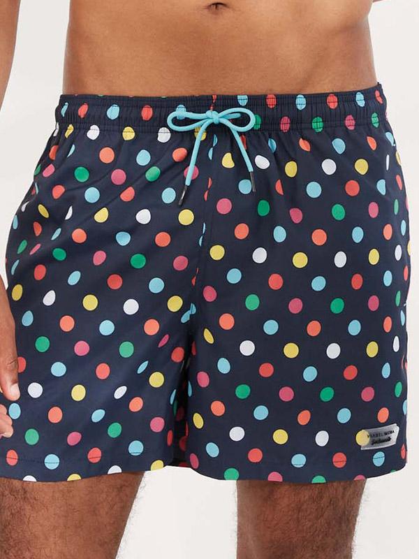 Ysabel Mora vyriški maudymosi šortai "Happy Holidays Navy - Multicolor Dots"