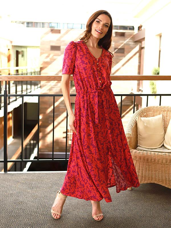 Lega Maxi Viscose Dress Indila Magenta - Orange Flower Print
