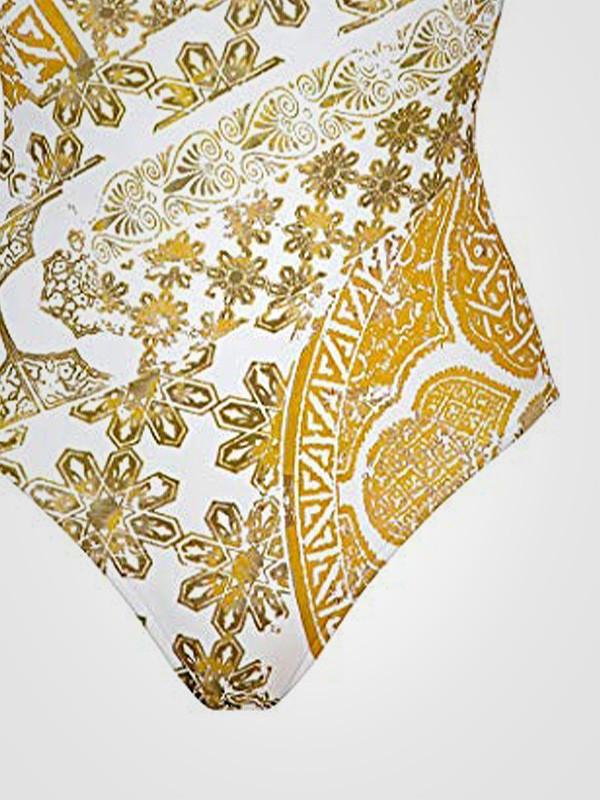 Maryan Mehlhorn vientisas maudymosi kostiumėlis formuotais kaušeliais "Orient White - Gold Ornament Print"