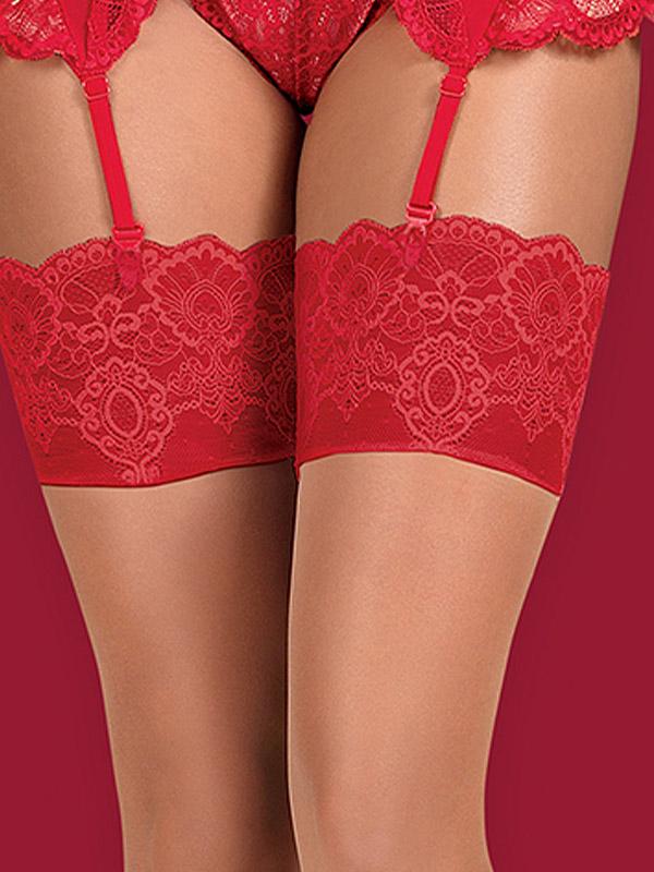 Obsessive kontrastinės prisegamos kojinės "Layla Red - Nude"