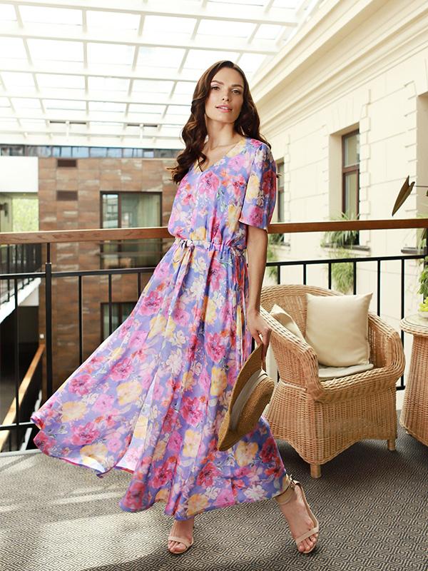 Lega Maxi Viscose Dress Violet - Rose Flower Print