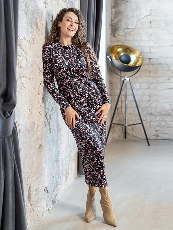 Lega Velour Midi Dress Amberly Black - Rose Flower Print Velour