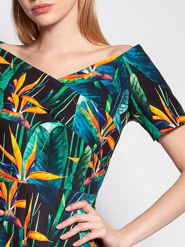Lanti suknelė atvirais pečiais "Dorota Green - Orange Bamboo Flower Print"