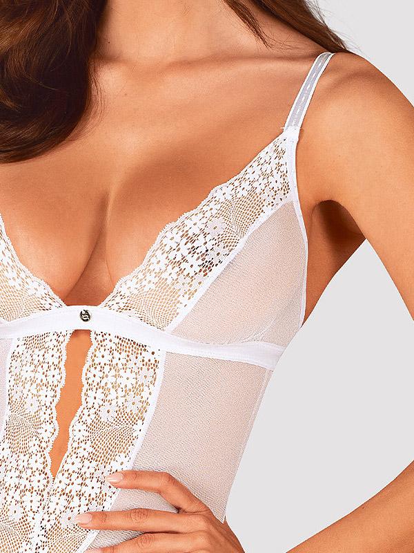 Obsessive Sheer Crotchless Teddy With Lace Heavenlly White