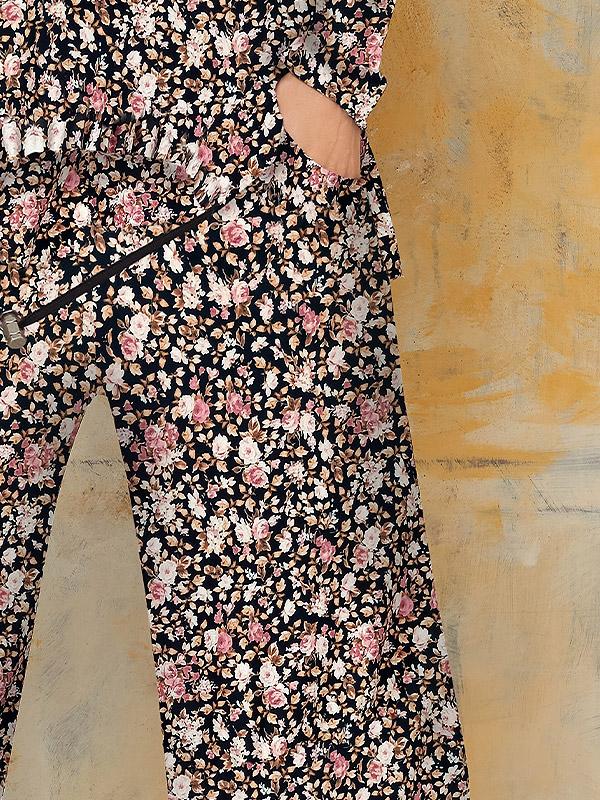 Lega plačios veliūrinės kelnės "Tessa Black - Cream - Rose Flower Print Velour"