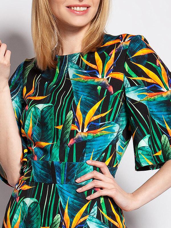 Lanti asimetrinė suknelė plačiomis rankovėmis "Kamila Green - Orange Bamboo Flower Print"