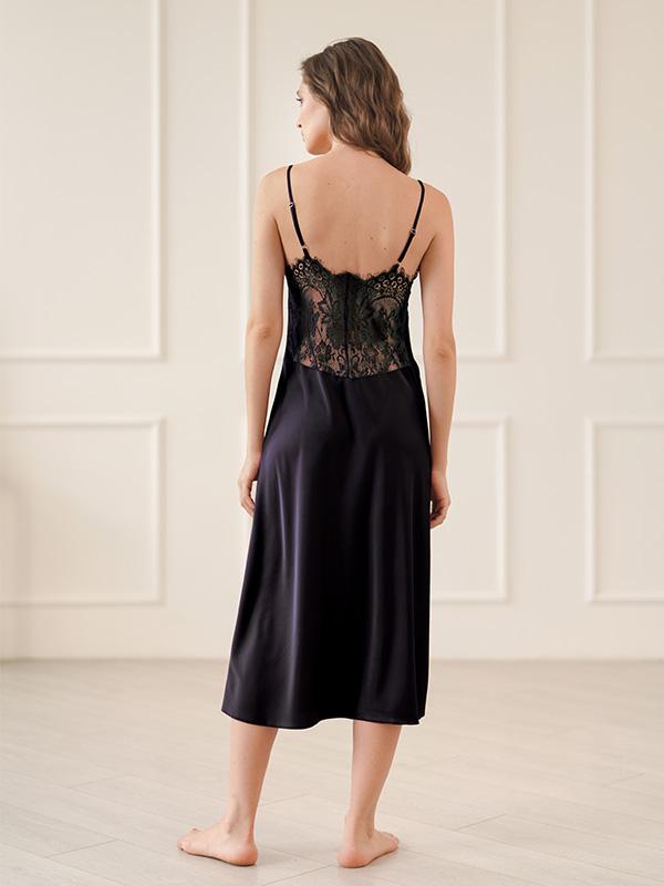Komilfo Long Silk Nightdress with Lace Ruby Long Black